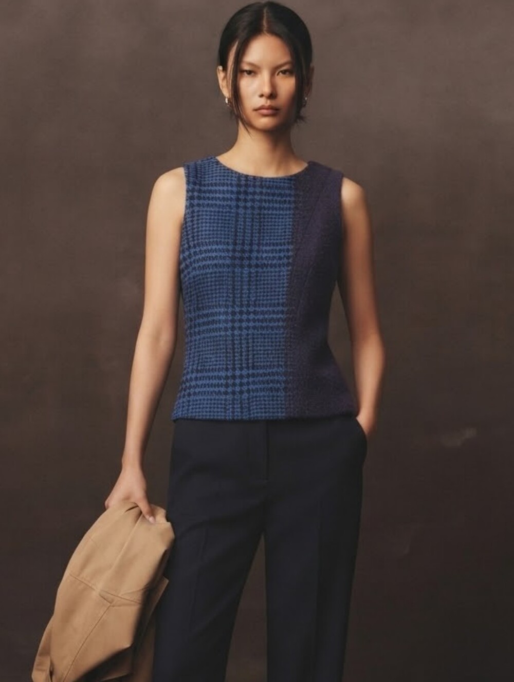 Lafayette 148 New York Blue Plaid & Navy Mixed-Texture Sleeveless Top